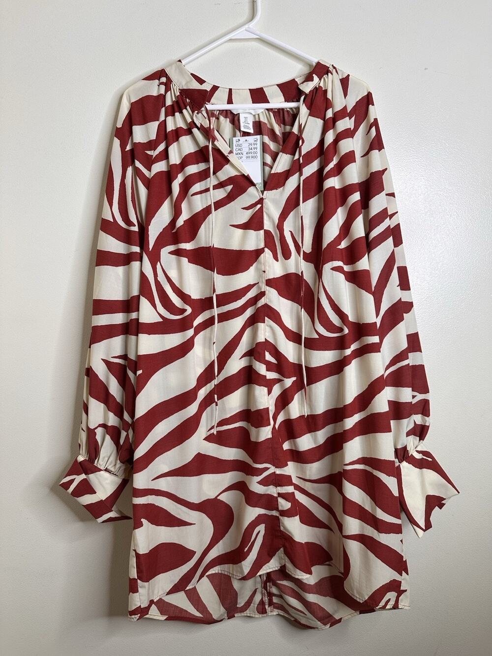 H&M Oversized Tie Detail Mini Dress NEW Size Small Red Cream Long Sleeve Zebra